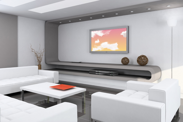 modern, futuristic living room with rendered cloudscapes